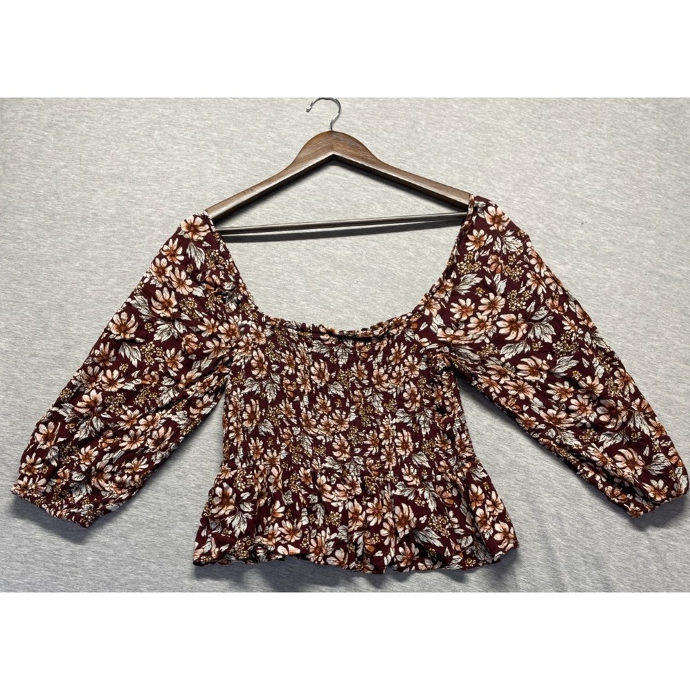 American Eagle Outfitters Crop Peplum Blouse Top Women Small Maroon Floral Print